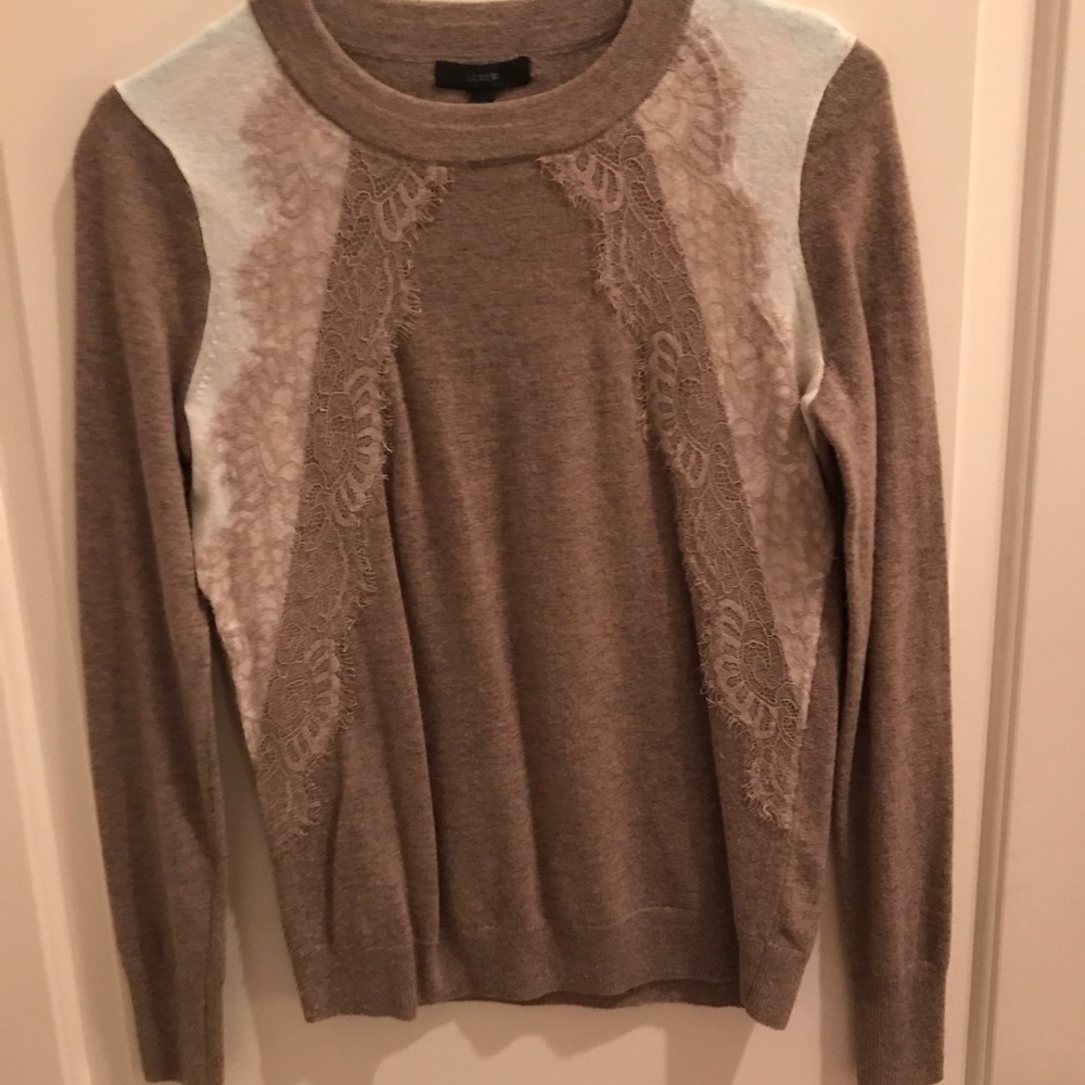 J. Crew Brown Crewneck Sweater with Lace Detail